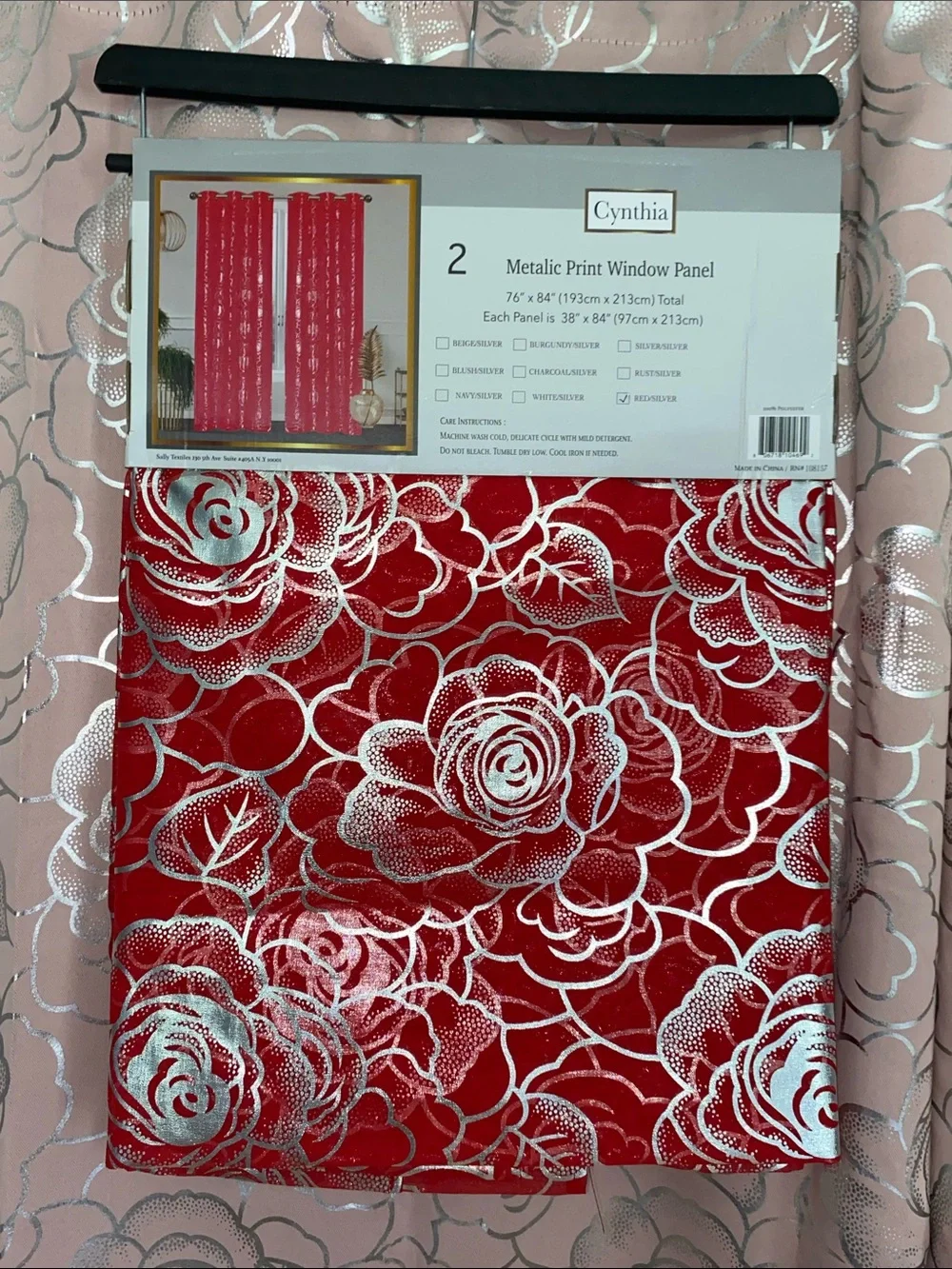 Cynthia 2-Piece Grommet Window Curtain Panel Pair Silver Floral Rose Red 76 X 84